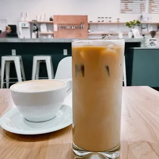 a glass of iced coffee and a bowl of soup