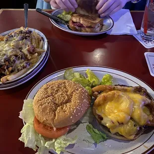 Western burger, chilly cheese fries