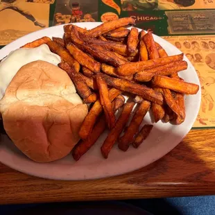 Swiss mushroom burger with sweet potato fries.