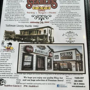 Stables Menu front / history