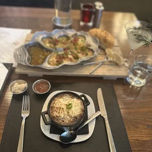 My brunch order of French Onion Soup and charboiled oysters with a rosemary martini