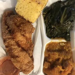 Catfish filet dinner w/ greens and sweet potatoes