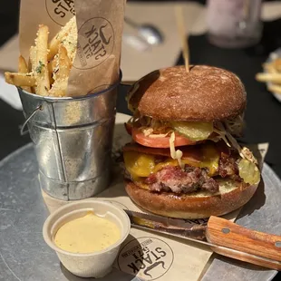 The Fatted Sow Burger with Parmesan Truffle Fries.