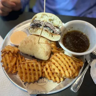 Burger dip with waffle fries