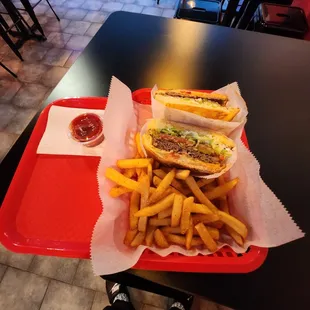 a tray of fries and a hot dog