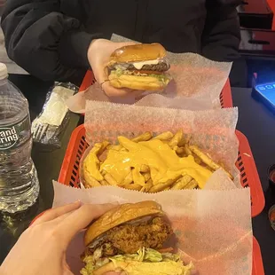 Chicken sandwich, cheese fries, burger