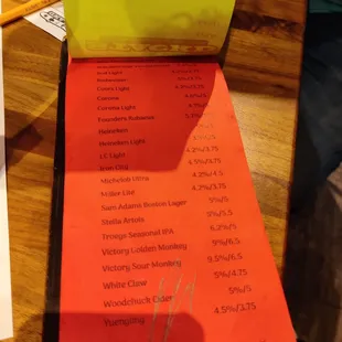 Bottle Beer Menu