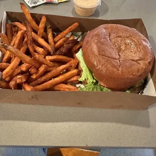 Hamburger and sweet potatoes fries.