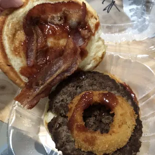 BBQ stacked burger with garlic fries and a kids meal