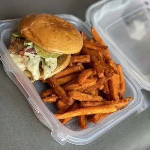 California Chicken Burger with Sweet Potato Fries