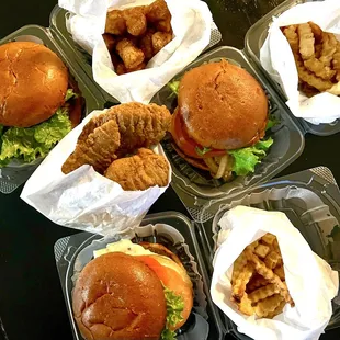 Burgers, chicken strips, tater tots and fries