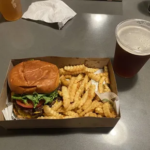 Triple Cheeseburger and Fries w/ craft beer