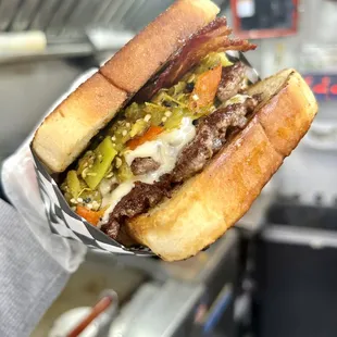 Patty Melt with Green Chile and Bacon