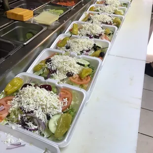 a row of trays of salads
