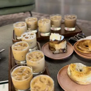 Bagels, cinnamon pastry, and coffee flight samples