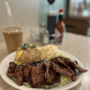 Ready for lunch??? Kalbi lunch plate with upgraded fried rice and iced latte with oat milk