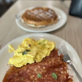 Belgian waffle  Corn beef hash and eggs
