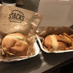 Chicken Stack $8.29 on the right and Little Stack &amp; Fries for $5 on the left.  Kid says a million stars.