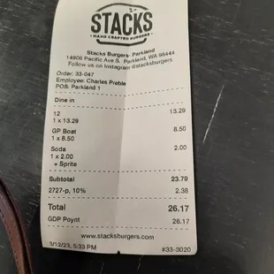 the receipt for the restaurant