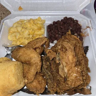 Fried Chicken,  Mac and Cheese, Red Beans and Rice and a Muffin.