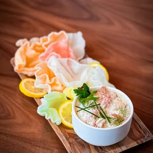 Shrimp French Onion Dip - baby Florida pink shrimp, crunchy shrimp toast crackers, lemon, scallions