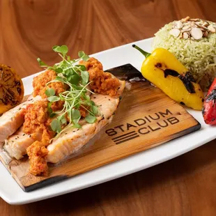 Cedar Plank Salmon - marcona almond, roasted tomato romesco, cilantro jasmine rice
