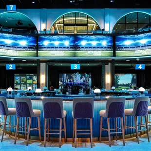 Stadium Club Arena Level - 360 degree gametime viewing featuring a 110&apos; HD ribbon screen, two 175&quot; projector screens and sport simulators