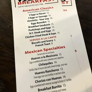 Breakfast menu