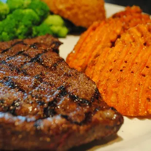 a steak, sweet potato and broccoli
