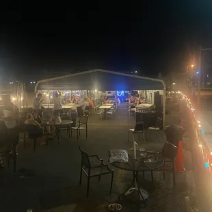 the outside seating area at night