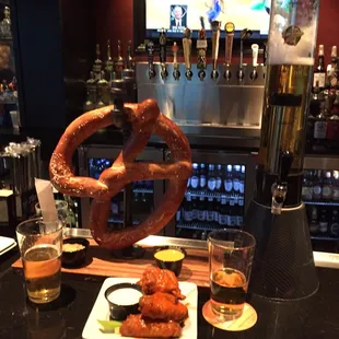 Single pretzel (more than enough for two), buffalo wings, and a beer tower.