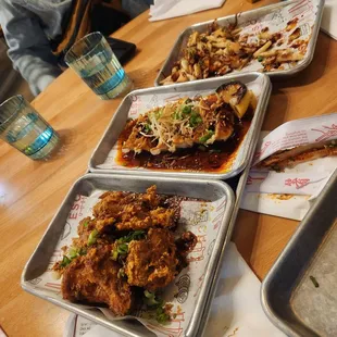 Left to right: - Dragons Breath (karaage) - Drowned Dumplings - Fries