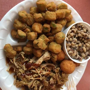 bbq pork plate with okra. purple hull peas &amp; hush puppies
