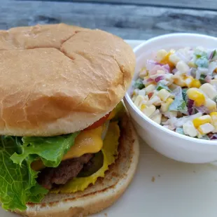The large cheeseburger basket with corn salad,  very good!