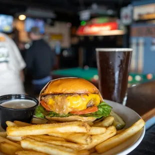 Stag Burger with Grilled Beef, Cheddar, American, Grilled or Raw Onion, Pickle, House Dressing, Lettuce &amp; Tomato