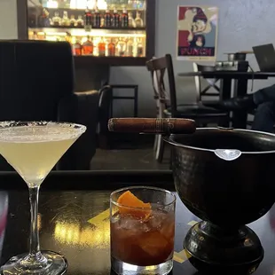 Lemon Drop Martini, Woodford Old Fashioned and a Liga Privada Cigar.