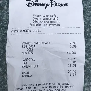 a receipt for the disney parks
