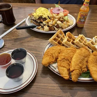 Chicken and waffles + breakfast burger