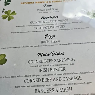 St. Patrick's Day menu  03-17-24