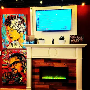 a fireplace and a television