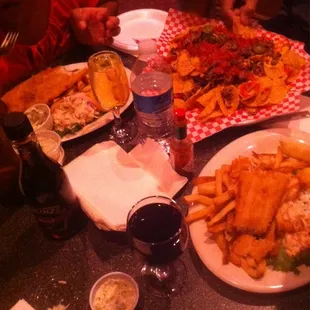 Merlot, Chardonnay, moscato, nachos, and fish and chips