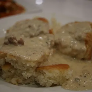 Southern Style Biscuits &amp; Gravy Made from scratch! Yoder Farms sausage gravy and our buttery, light, fluffy and golden brown biscuits.