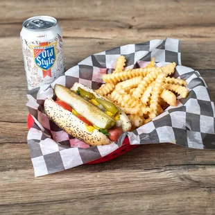 A hall of fame pairing. Chicago Dog, Old Style and crinkle cut fries.