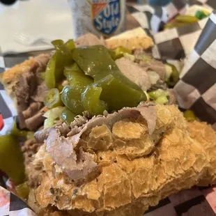 Italian Beef Sammich with an Old Style in the background