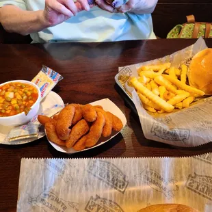 Brunswick stew, hush puppies, chopped pork sandwich