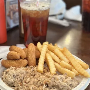 Chopped Pork Barbecue Plate with French fries and Hushpuppies