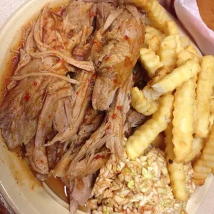 Sliced Plate:  Sliced BBQ with Fries &amp; BBQ Slaw.  About $9.50