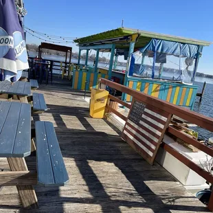 benches and tables on a dock