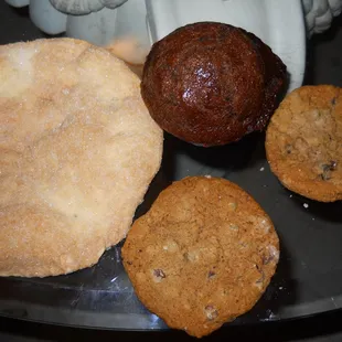 a muffin, a cookie, and a muffin