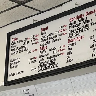 the menu for the donut shop
